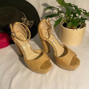 Chic Womens Tan Wicker Sandal Block Heel by Jessica Simpson Size EUR 36